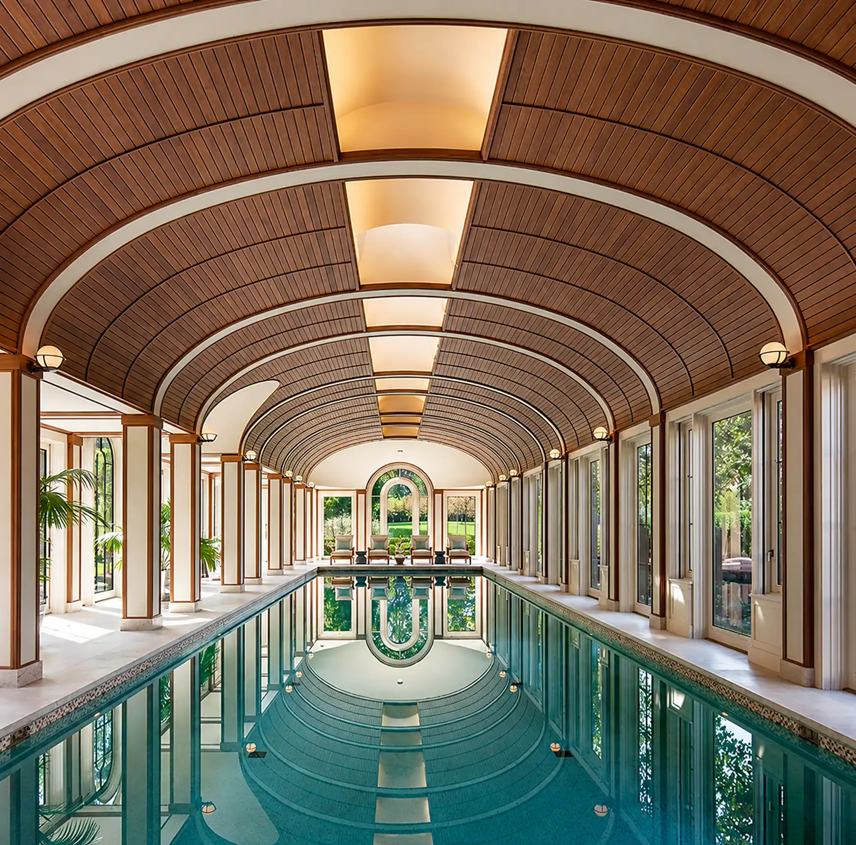 Indoor pool pavilion with curved timber ceiling and garden views