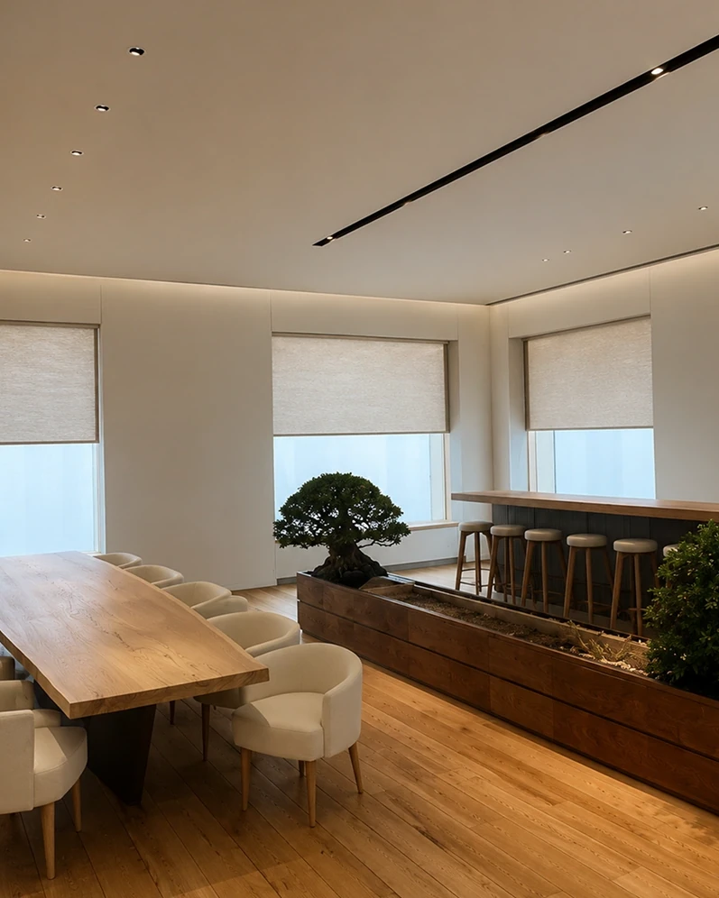 Warm minimalist corridor with accent lighting and wood flooring
