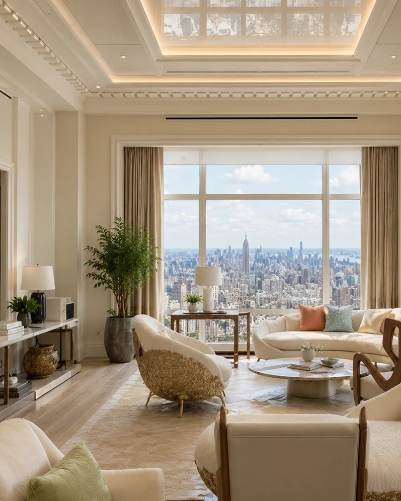 Elegant penthouse living room overlooking New York City skyline
