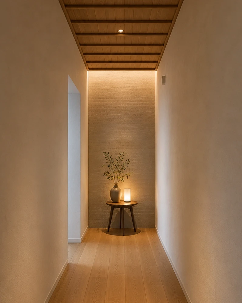 Warm minimalist corridor with accent lighting and wood flooring